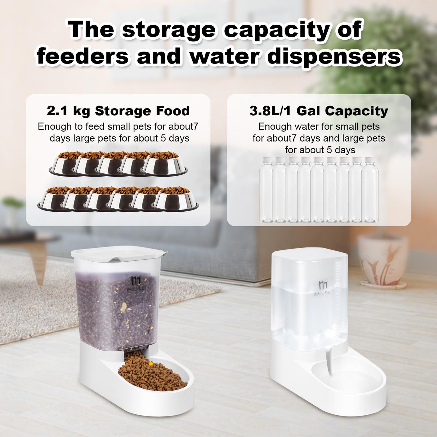 Marchul Pets Automatic Feeder and Waterer Set, Dogs Cats Food Feeder and Water Dispenser 3.8L, 2 in 1 Cat Food Water Dispensers for Small Medium Big Pets