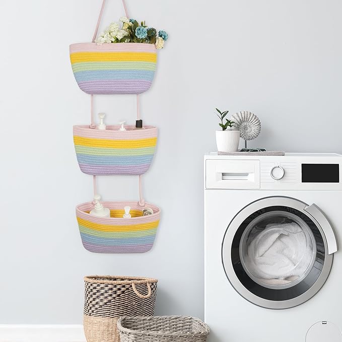 TeoKJ Over the Door Organizer, 3-Tier Woven Cotton Hanging Storage Baskets