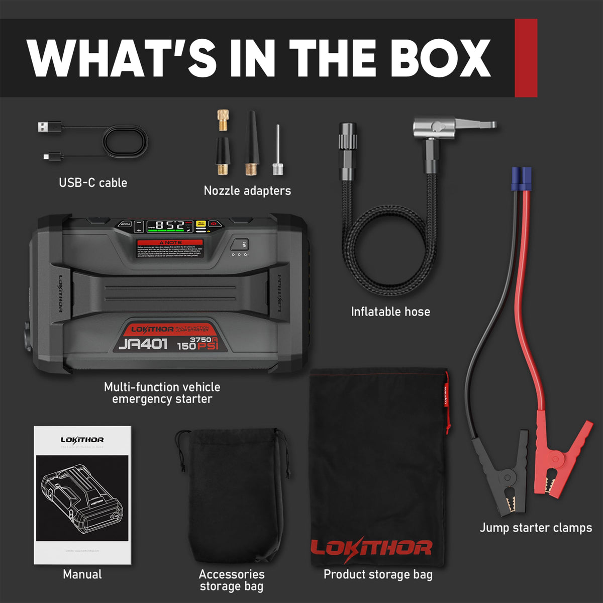 LOKITHOR JA401 3750A Jump Starter with Air Compressor, 60W Two-Way Fast Charing, 12V Lithium Battery Starter with 150PSI Auto-Shutoff Tire Inflator, Booster Pack for 10.0L Gas or 8.0L Diesel Engines