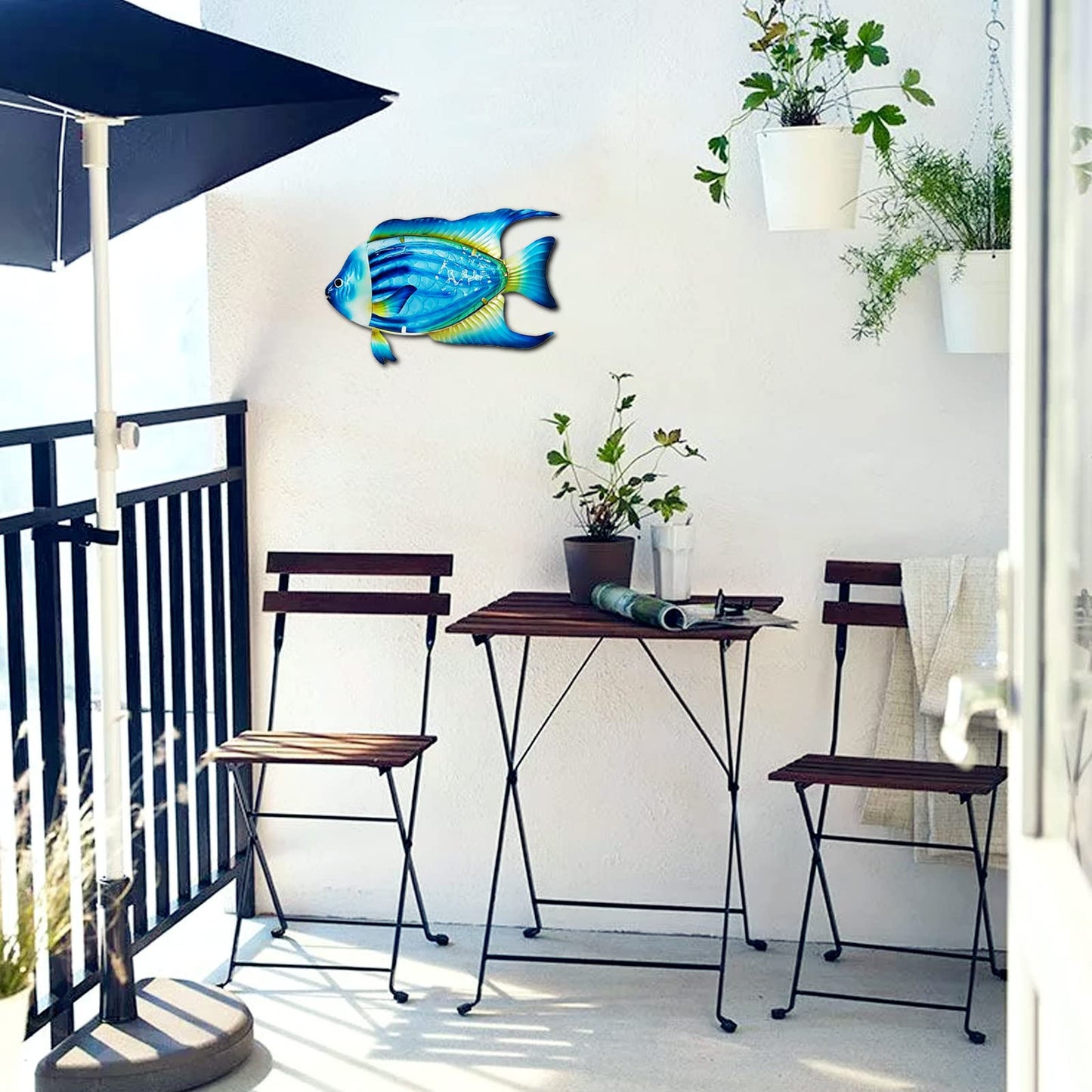 John's Studio Fish Sea Wall Decor Outdoor Metal Garden Hanging Art Glass Sculptures Home Ocean Theme Decorations for Kitchen Bathroom and Pool - Blue