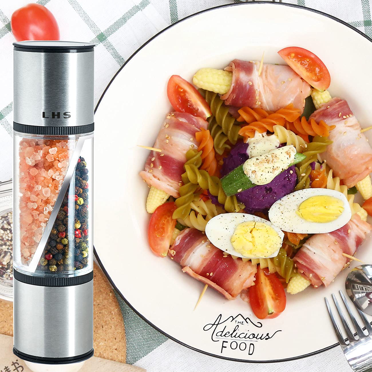 LHS 2 in 1 Salt and Pepper Grinder, Clear Acrylic Salt Grinders and Pepper Mill with Adjustable Coarseness Ceramic Rotor, Black