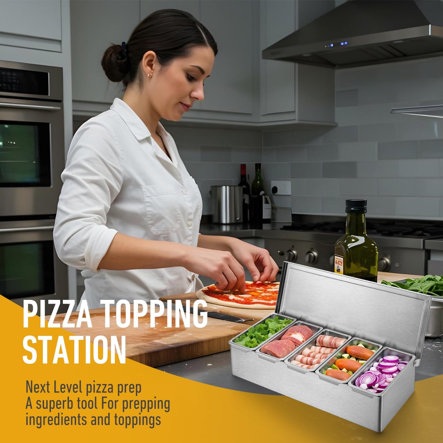wutfuooo Pizza Topping Station, Condiment Station, Stainless Steel Pizza Topping Station with 5 Removable Containers for Salad Bar and Nacho Bar Topping Station and Grill Table