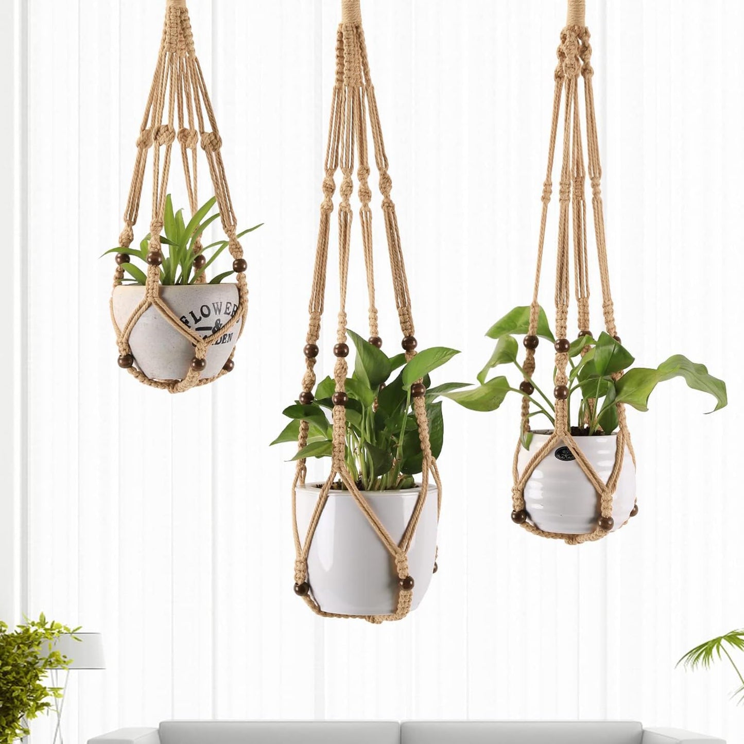 MKO SHUN 3-Pack Macrame Plant Hanger Indoor - Hanging Planter Basket for Indoor Outdoor - Decorative Boho Plant Holders Set with Beads - Ceiling Flower Pot Holder with 6 Hooks - 35"/30"/24" Linen