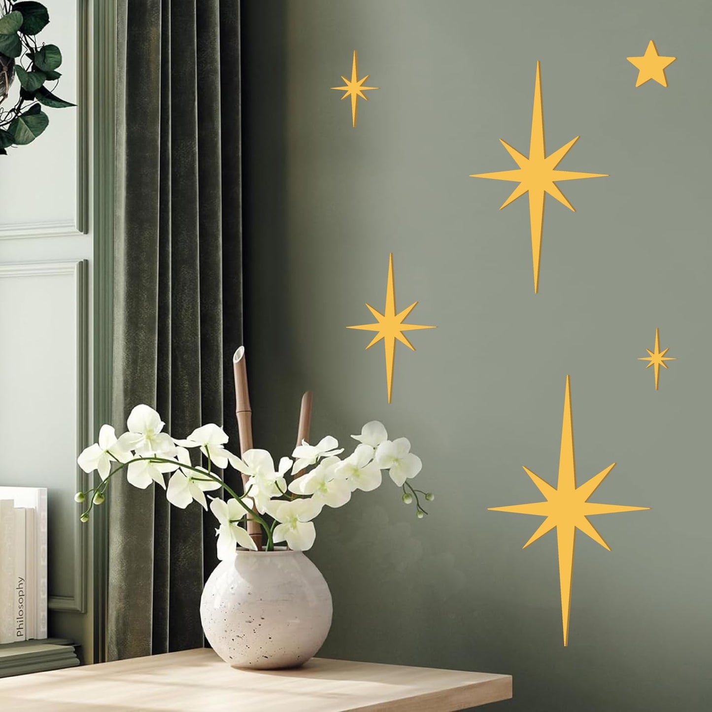6 PCS Gold Star Wall Decor Iron Starburst Wall Decoration Retro Christmas Stars Art Signs Mid Century Modern Decor for Living Room Star Hangings Sculptures Golden Metal Art for Home Office Bedroom