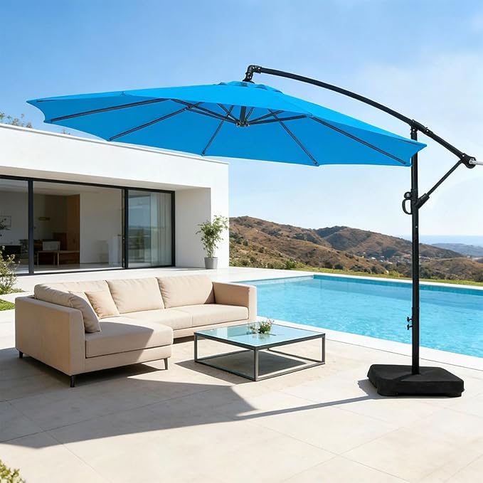wikiwiki 10ft Patio Umbrella with Base Included, Outdoor Offset Cantilever Umbrella with Sandbag Base for Backyard, Garden and Pool, Easy to Tilt and Crank, Royal Blue