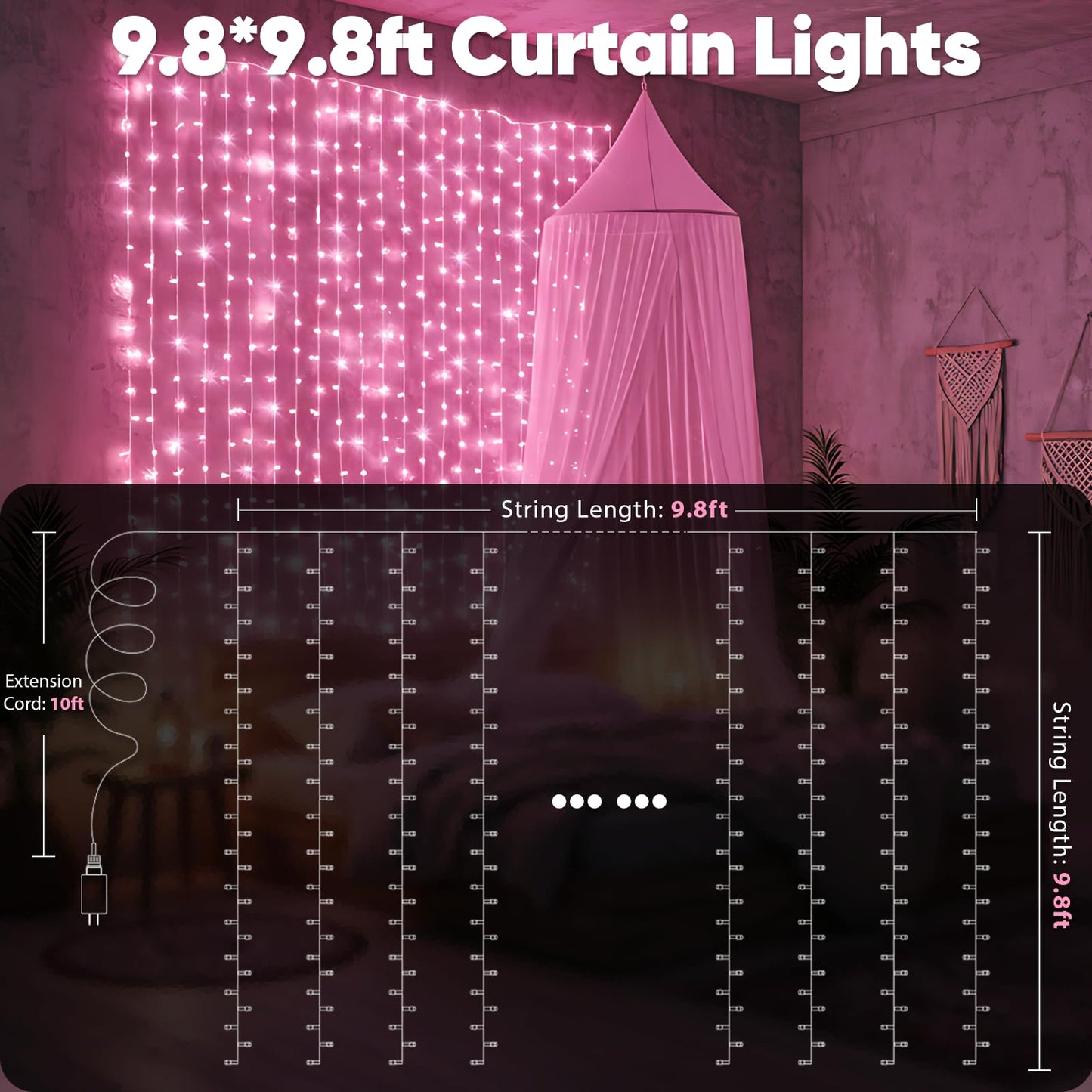 suddus Curtain Lights for Bedroom, 300 Led 9.8ft x 9.8ft Hanging String Lights Outdoor, Fairy Curtain Lights for Backdrop, Window, Wall, Wedding, Party,Birthday Decoration,Pink