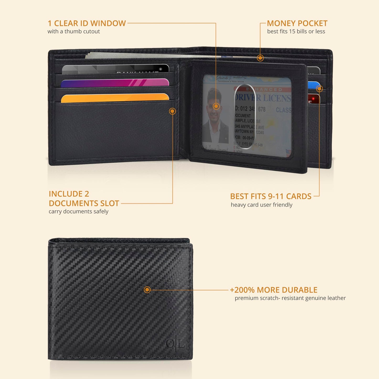 Black Wallet for Men | 9 Credit Card Slots | Bifold | Leather | RFID Wallet Blocking | Gift for Men | Minimalist Wallet