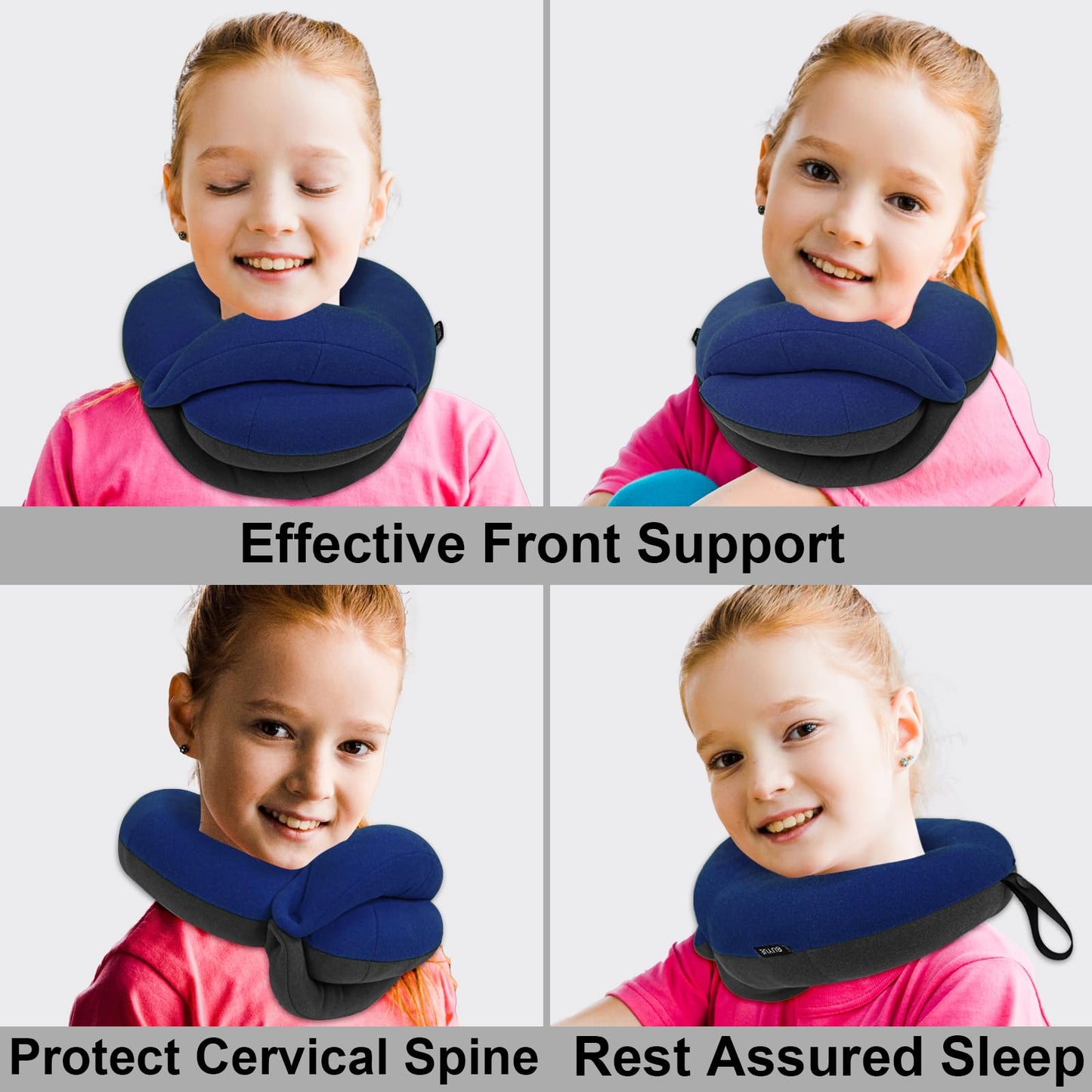 BUYUE Kids Travel Pillows for Airplane, 360° Head Support Sleeping Essentials for Boys Long Flight, Skin-Friendly Soft Neck Pillow for Traveling in Car Seat, (Small, Blue Grey, 40-100 lbs)