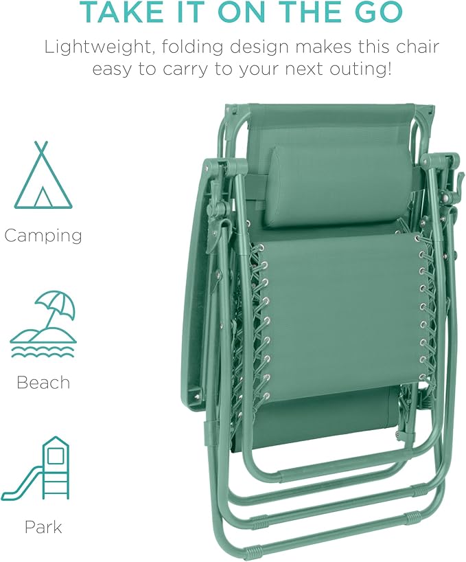 Best Choice Products Folding Zero Gravity Outdoor Recliner Patio Lounge Chair w/Adjustable Canopy Shade, Headrest, Side Accessory Tray, Textilene Mesh - Seafoam