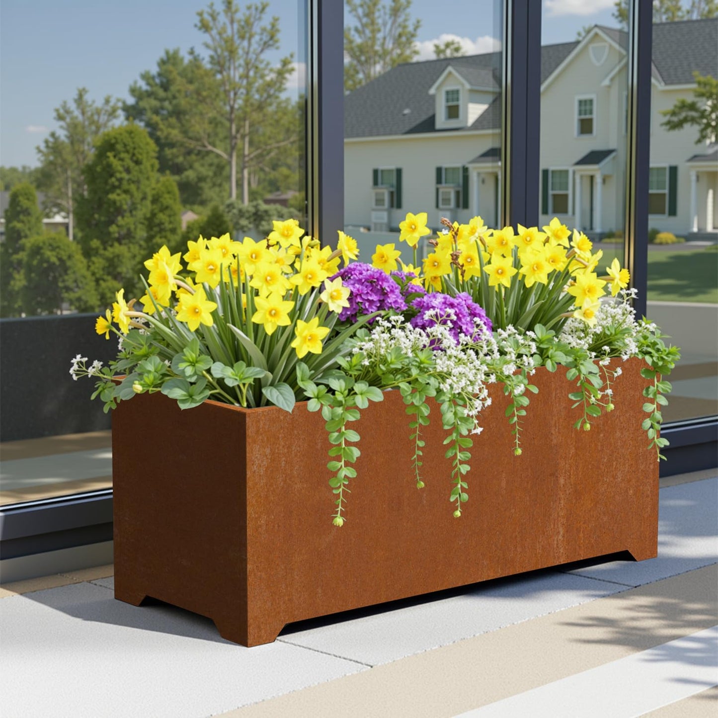 Gabviem Large Planters for Outdoor Plants 32"L x 15"W x 15"H, Co-rten Steel Planter Box with 6 Drainage Holes, Raised Bottom, All-Weather Garden Planter Box for Patio, Lawn, Commercial & Residential