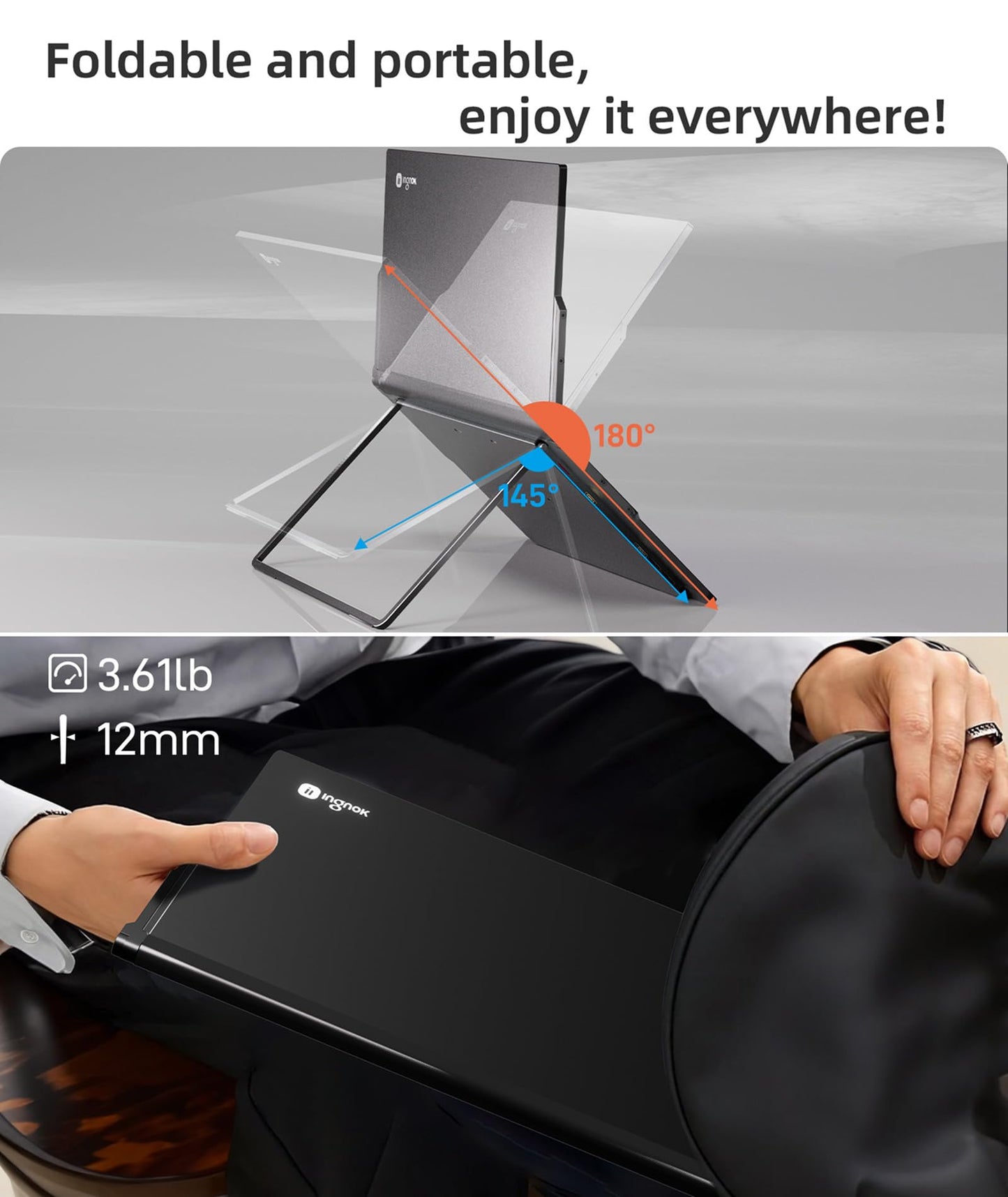 Ingnok Portable Monitor, 18.5 Inch FHD 1080P 100% sRGB Laptop Screen Extender USB C HDMI Portable Gaming Monitor w/Smart Cover & Speakers, External Monitor for Laptop Mac PC
