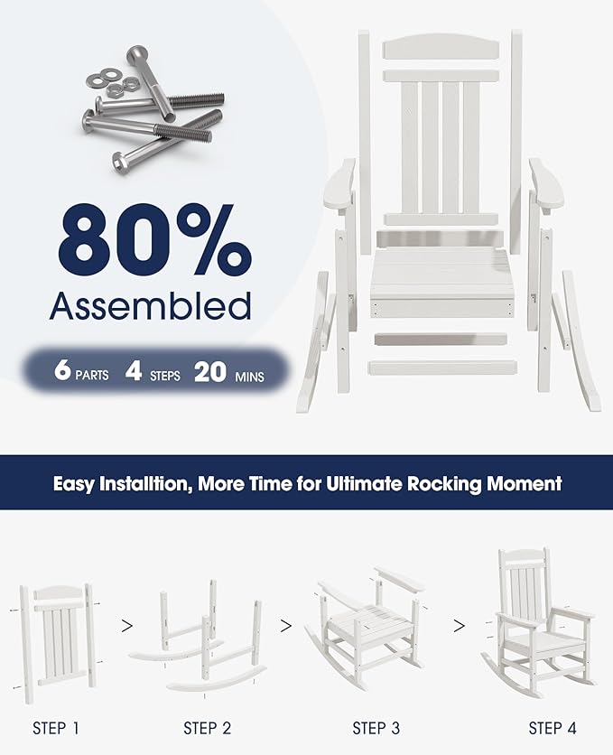 KINGYES HDPE Patio Rocking Chair Set of 4, Outdoor Rocking Chairs Porch Rocker for Adults, White