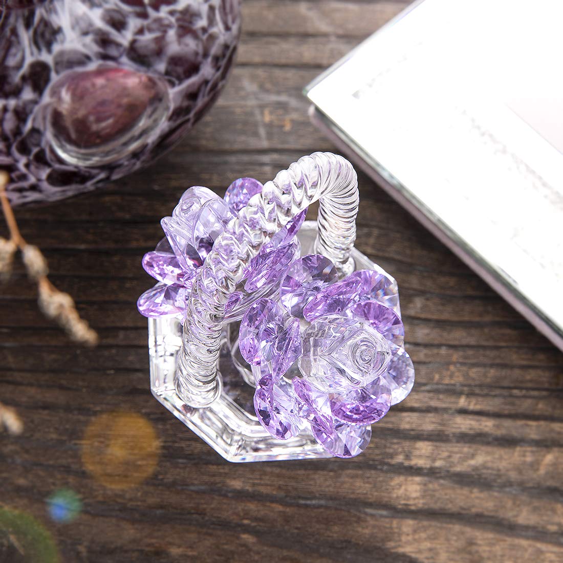 H&D HYALINE & DORA Crystal Flower Basket Figurine Purple Glass Ornament