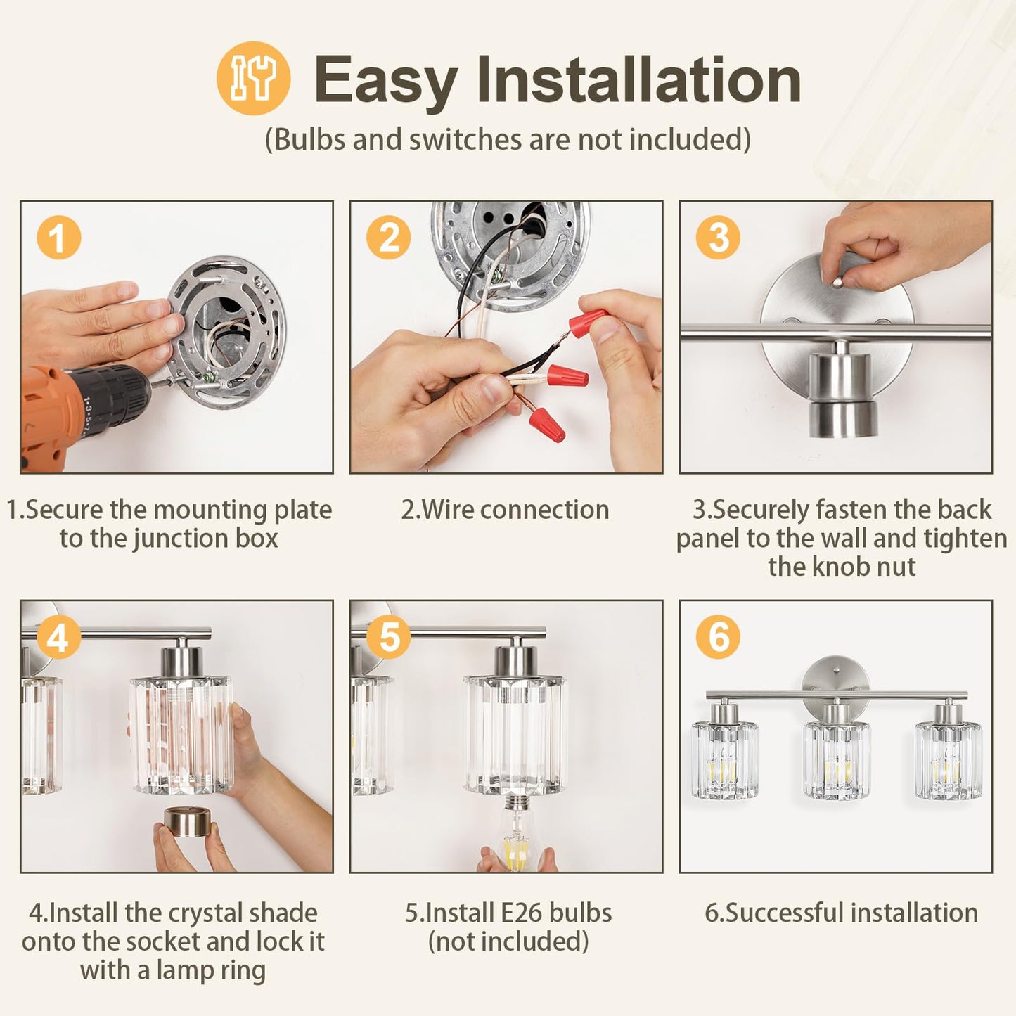 Kvhiiw Crystal Bathroom Light Fixtures, Bathroom Lighting Fixtures Over Mirror, Modern 3-Light Brushed Nickel Vanity Lights for Mirror, Restroom, Kitchen(Ceramic E26 Socket,Bulbs Not Include)