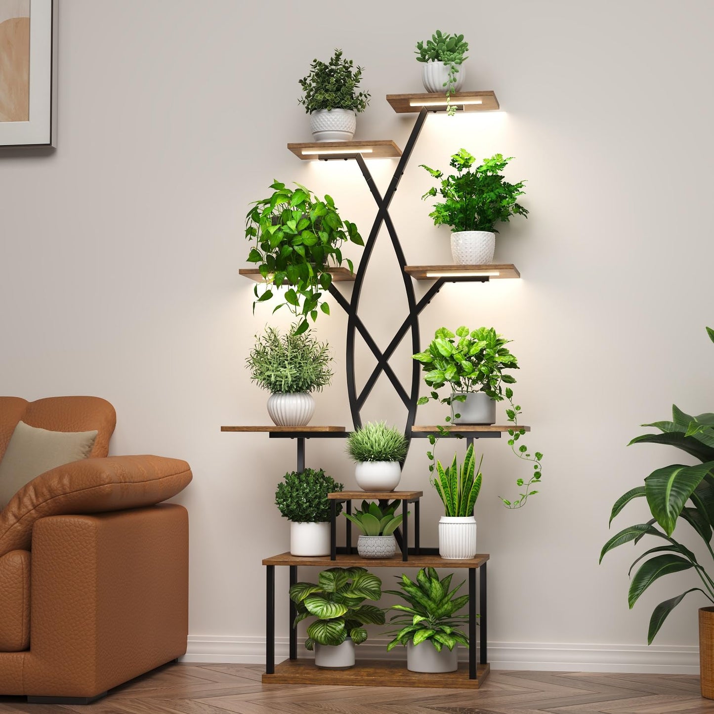 DongRong Plant Stand Indoor with Grow Lights - 9 Tiered 66" Tall Metal Plant Shelf, Curved Plant Stand with Adjustable Feets for Multiple Plants, Corner Flower Shelf for Living Room, Patio