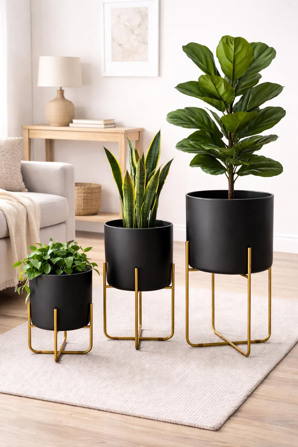 Kirpi Modern Planter Pots, Set of 2 Round Black Planters with Gold Stand, Decorative Floor Planters, Metal Pots with Drainage Holes for Living Room, Office, Garden, Balcony, 7 and 9 Inch Diameter