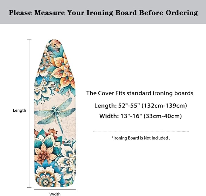 Boho Floral Dragonfly Ironing Board Cover 15x54 Inches, Standard Size Ironing