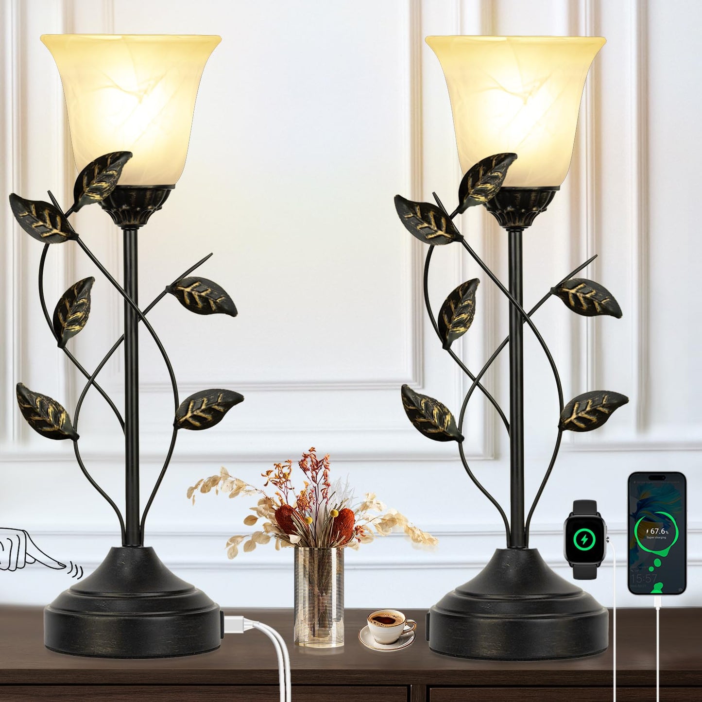 20 Inch Table Lamp for Bedroom with White Glass Shade, Retro Leaf Design Bedside Lamps Set of 2, 3-Way Dimmable Touch Control Lamps for Night Stands with USB C+A Charging Ports for Bedroom Living Room