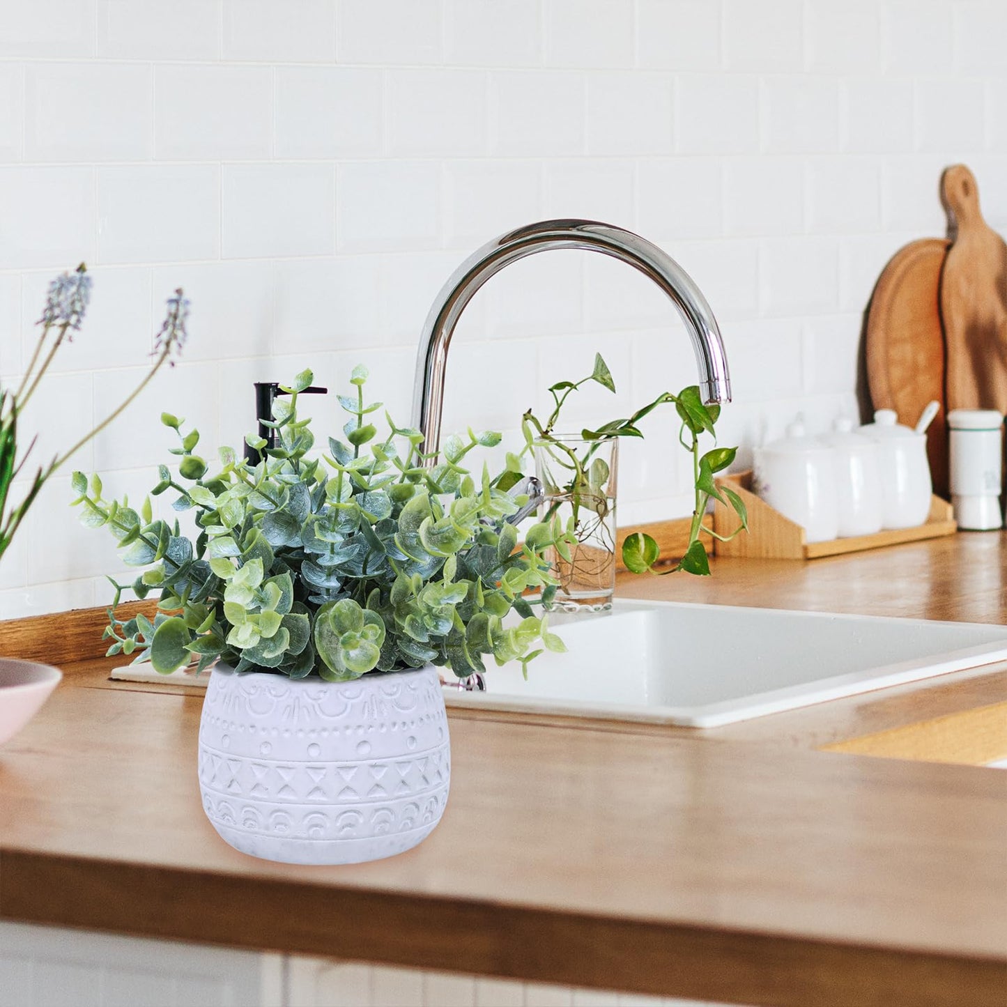 Winlyn Set of 2 Small Artificial Potted Plants Faux Eucalyptus Plant in White Geometric Ceramic Pots Small Desk Potted Plants 7.1" Tall for Home Office Room Decorations Wedding Greenery Centerpiece