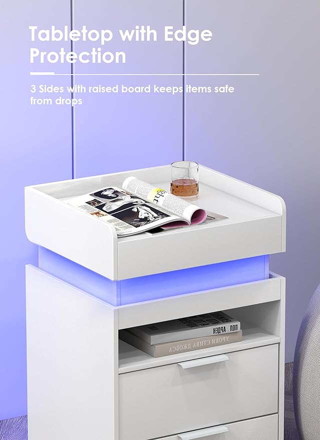 Turosur LED Night Stand with Gun Drawer, Smart Nightstand with Hidden Charging