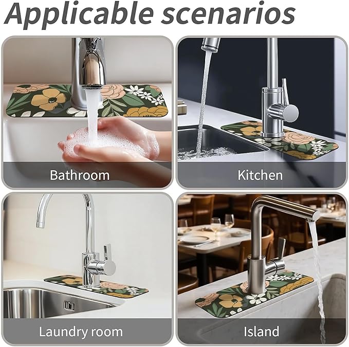 Kitchen Sink Splash Guard,Vintage Large Floral Faucet Mat Sink Gadgets-Super