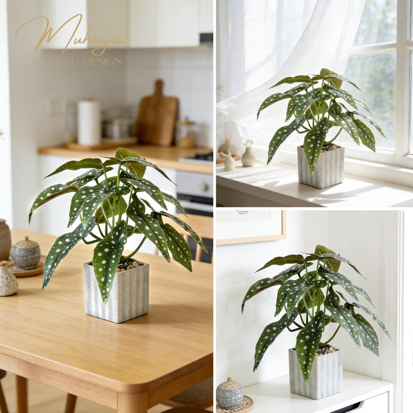 Muhanjia Artificial Potted Plant, Lifelike Faux Greenery in Decorative Cement-Look Square Pot for Indoor Home Decor Centerpieces (Polka Dot Begonia)