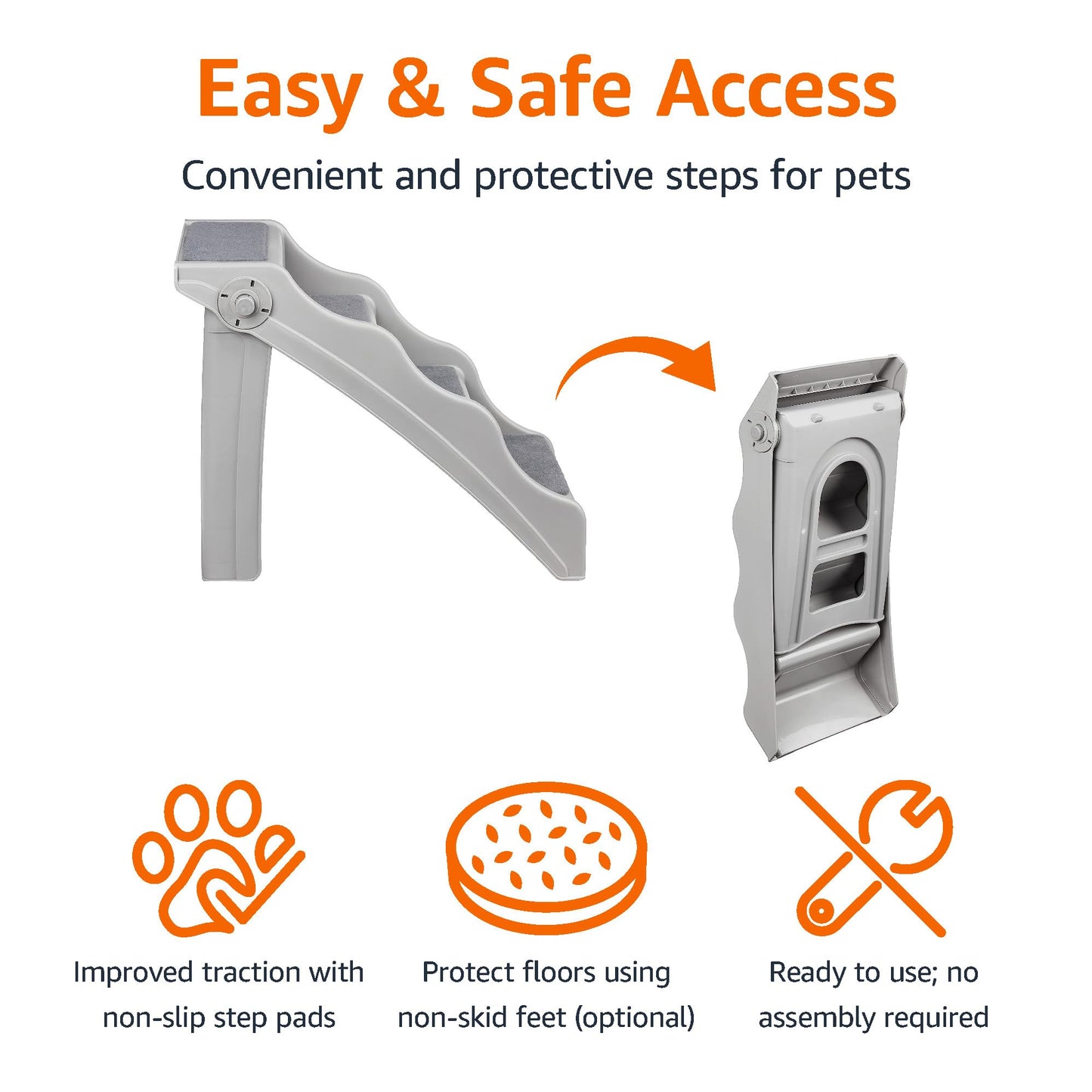 Amazon Basics Foldable Dog Steps for Bedroom and Sofa, Grey, 60.7 x 40.9 x 50.2 cm