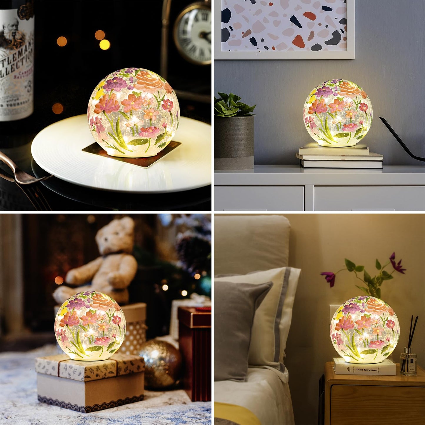 BERSCAH Glass Ball Light Crackle LED Night Light Flower Grass Pattern Globe Glass Table Lamp, Orb Cardinal Night Light for Outdoor Decorations Pathway Patio Yard Lawn Bedroom - 1 Pack