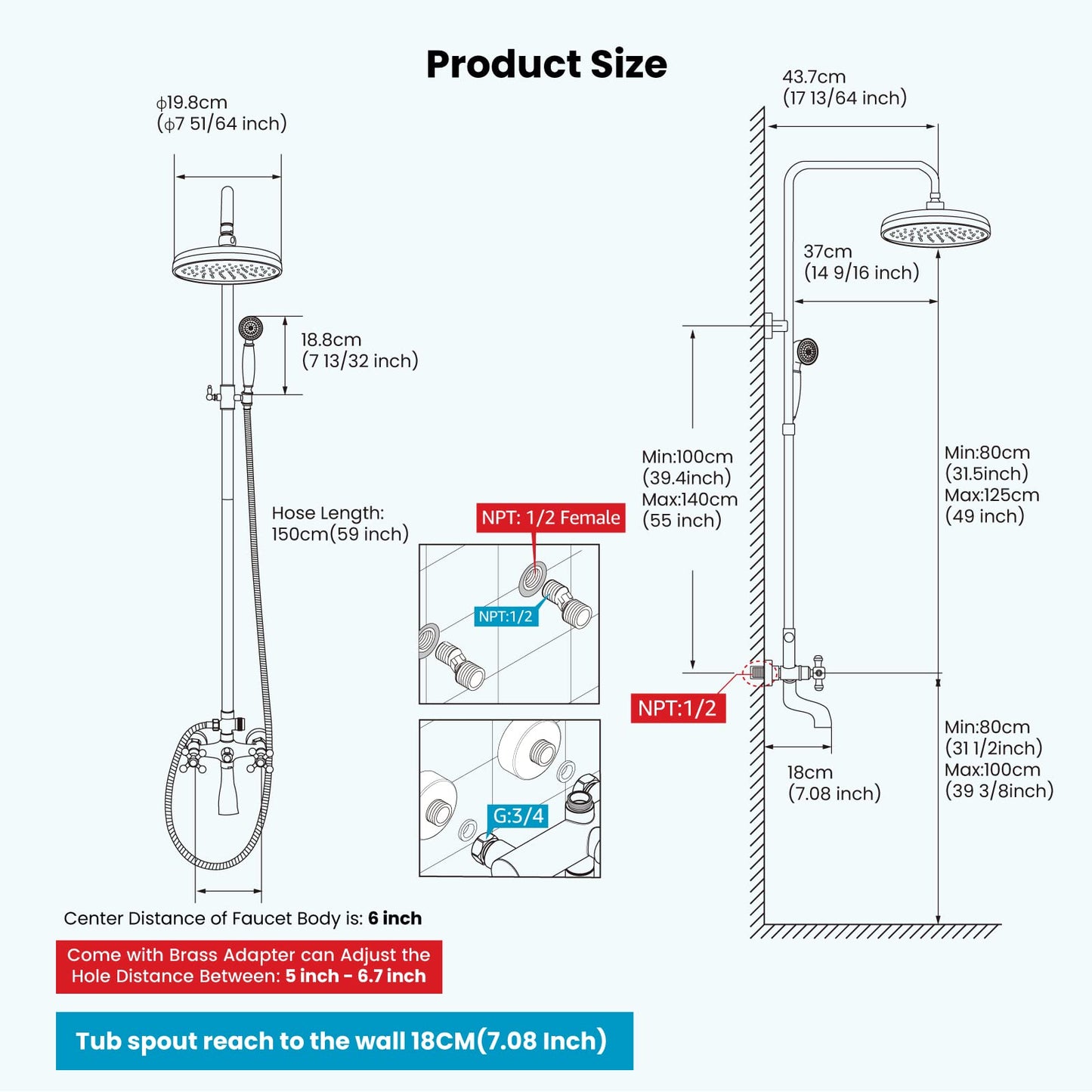 gotonovo Bathroom Shower Faucet Rain Mixer 8 Inch Round Shower Head Double Cross Handle with Tub Spout Wall Mount Bathroom Shower Fixtures 3 Function Metal Handheld Sprayer Polished Gold