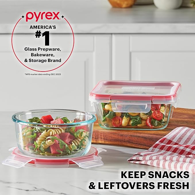 Pyrex Freshlock Glass Food Storage Containers Set, Airtight & Leakproof Plastic