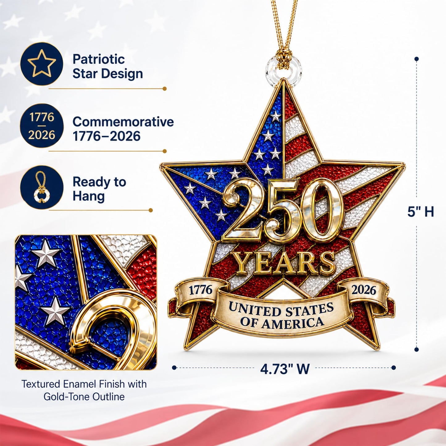 250th Anniversary USA Ornament 1776-2026, Patriotic Acrylic Star Ornament, Double Sided USA 250th Anniversary Merchandise, Patriotic Decoration for 4th of July, Independence Day