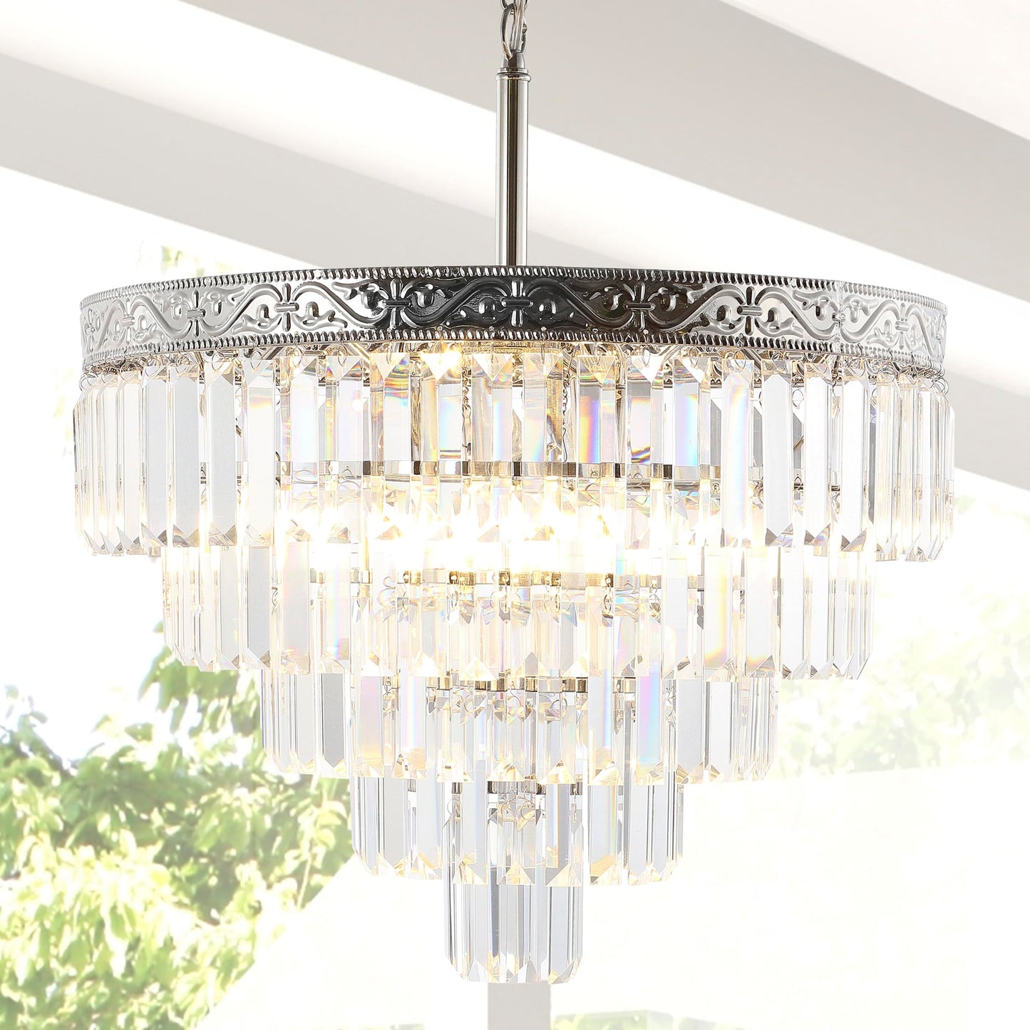 JONATHAN Y 20" Polished Nickel/Clear 4-Light LED Chandelier, Modern Tiered Pendant Light Fixture for Dining Room, Bedroom, Entryway with Clear Faceted Crystal Shade (JYL9007A)