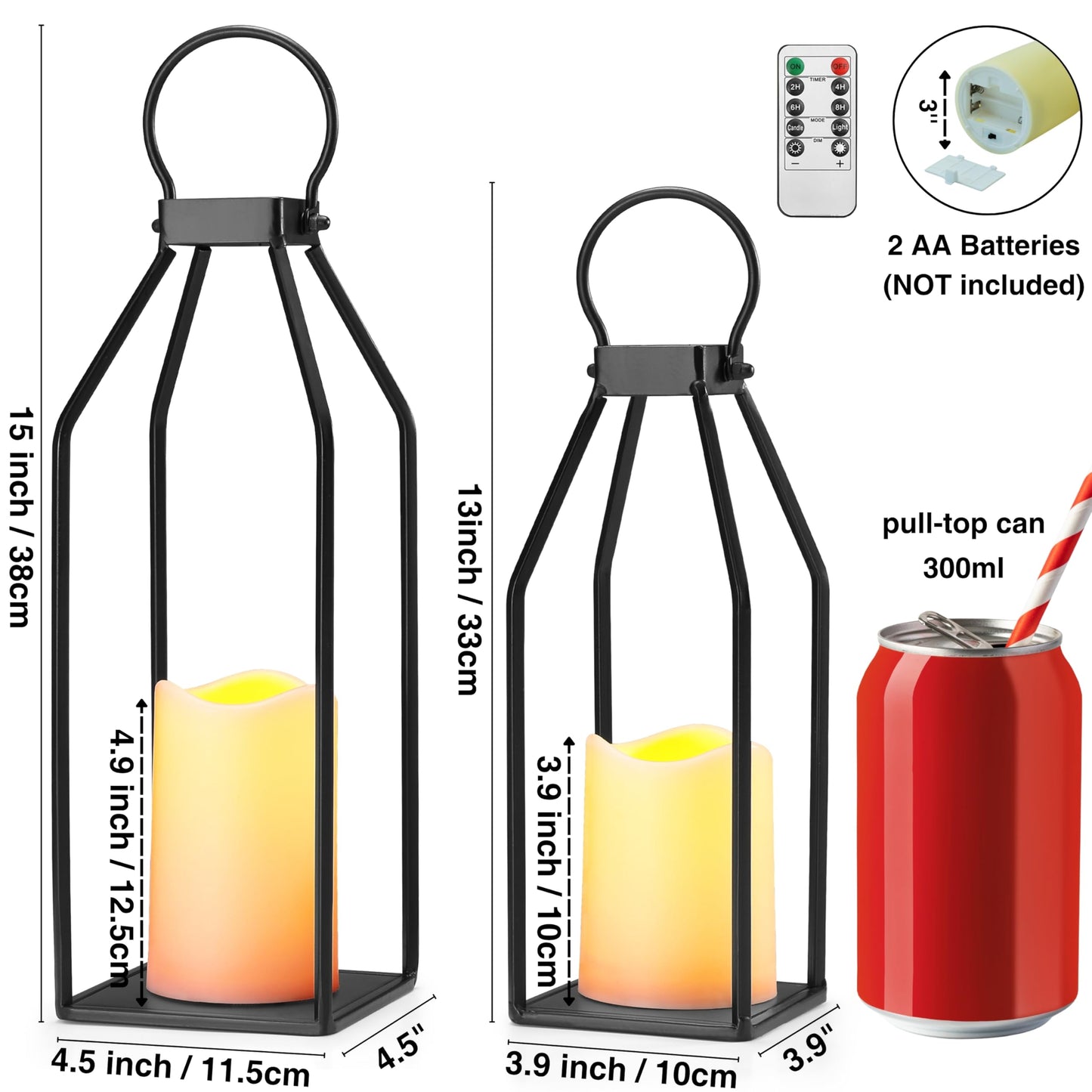 Perfnique Modern Farmhouse Lantern Decor, 15'' 13'' Set of 2 Black Metal Lantern, 2 LED 6hr Timer Flameless Candles & Remote Timer, Lanterns Decorative for Outdoor, Home, Indoor, Patio, Christmas