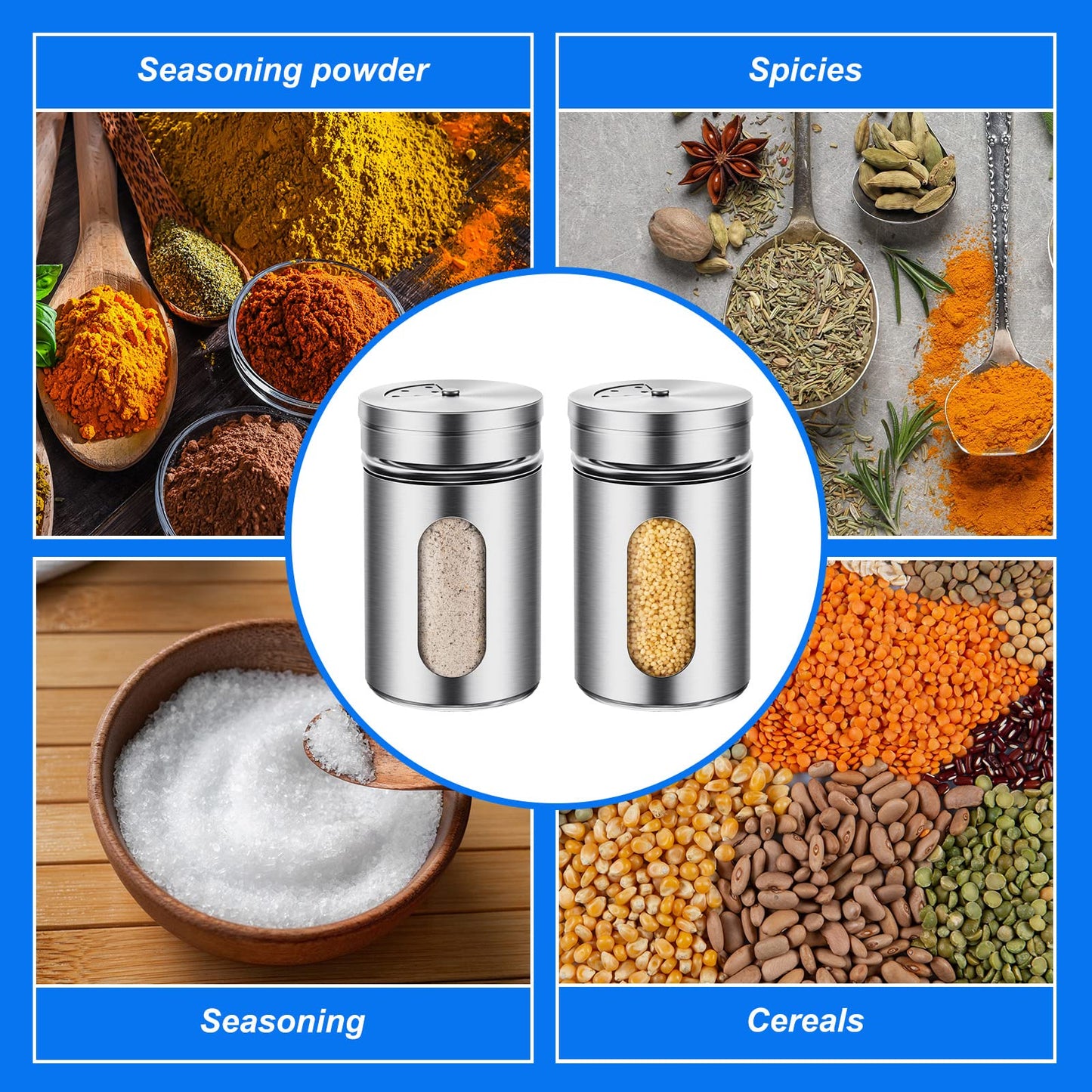 Dandat 12 Pcs Salt and Pepper Shakers Stainless Steel Spice Shakers with Adjustable Pour Holes and Glass Window 3.4oz Salt Dispenser Spice Jars with Rotating Lids for Sugar Seasoning Home
