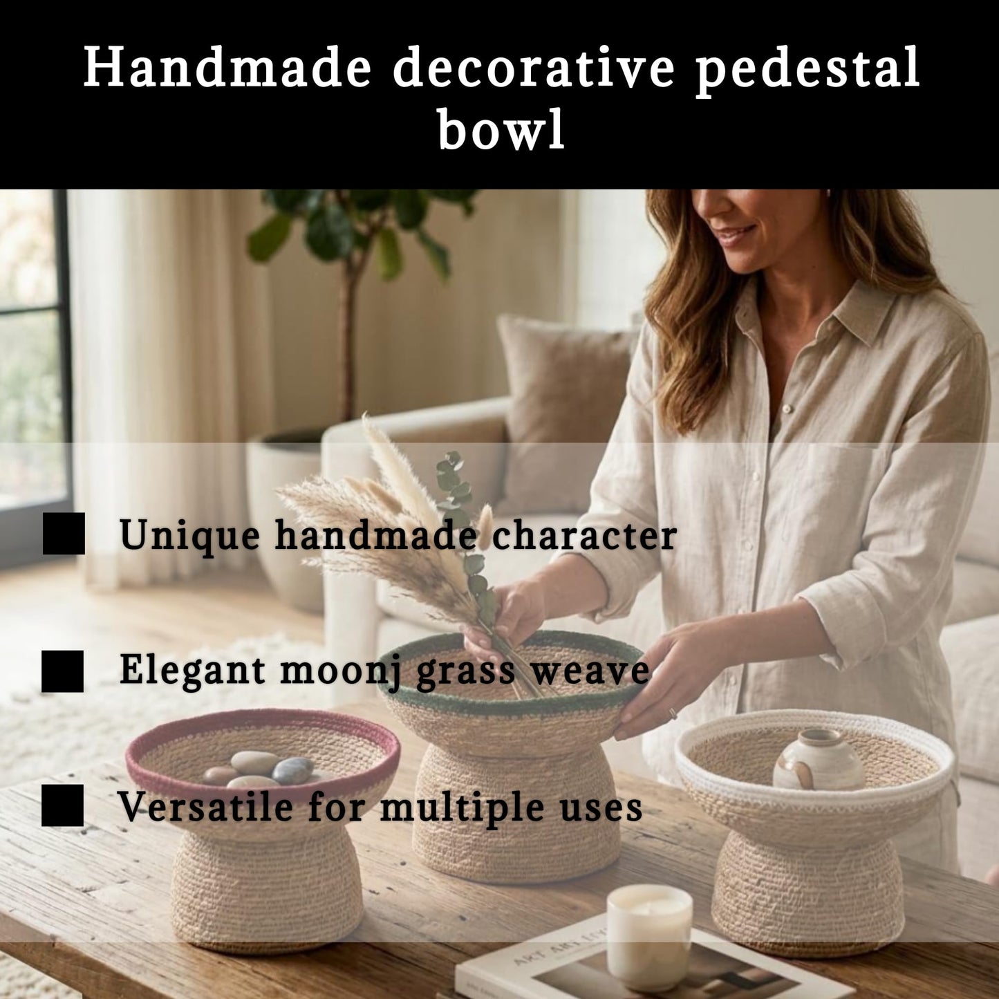 Lagena Decorative Pedestal Bowl, Handwoven Natural Grass Key Bowl and Fruit Bowl, Entryway Table Decor, Coffee Table and Bookshelf Styling, Boho and Farmhouse Home Decor, Green Trim, 8in Wide 6in Tall