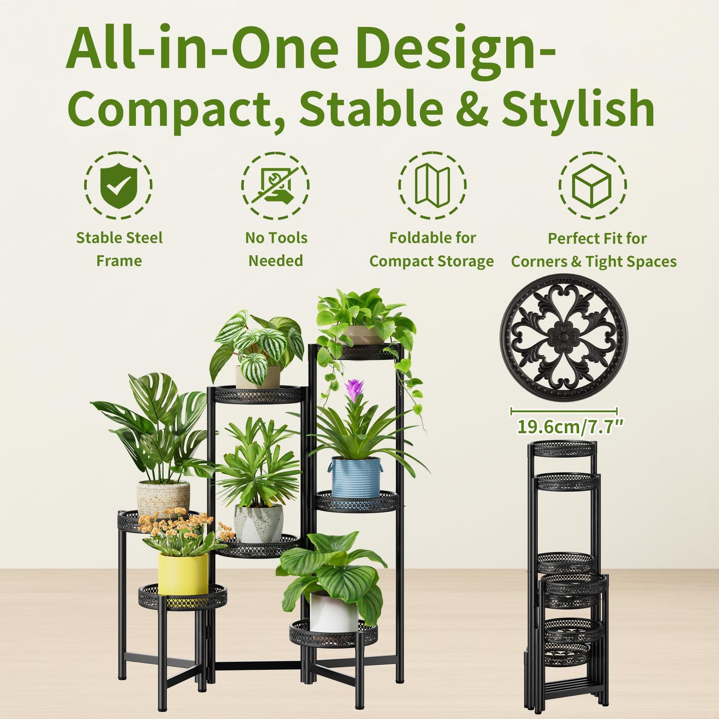 NQW 7 Tier Large Metal Plant Stand Indoor Outdoor with 7.9 Inch Wide Tray, Tiered Corner Plant Stand, Flower Display Holder Shelf, Folding Tall Rack for Patio Porch Balcony Living Room Garden - BlackWave