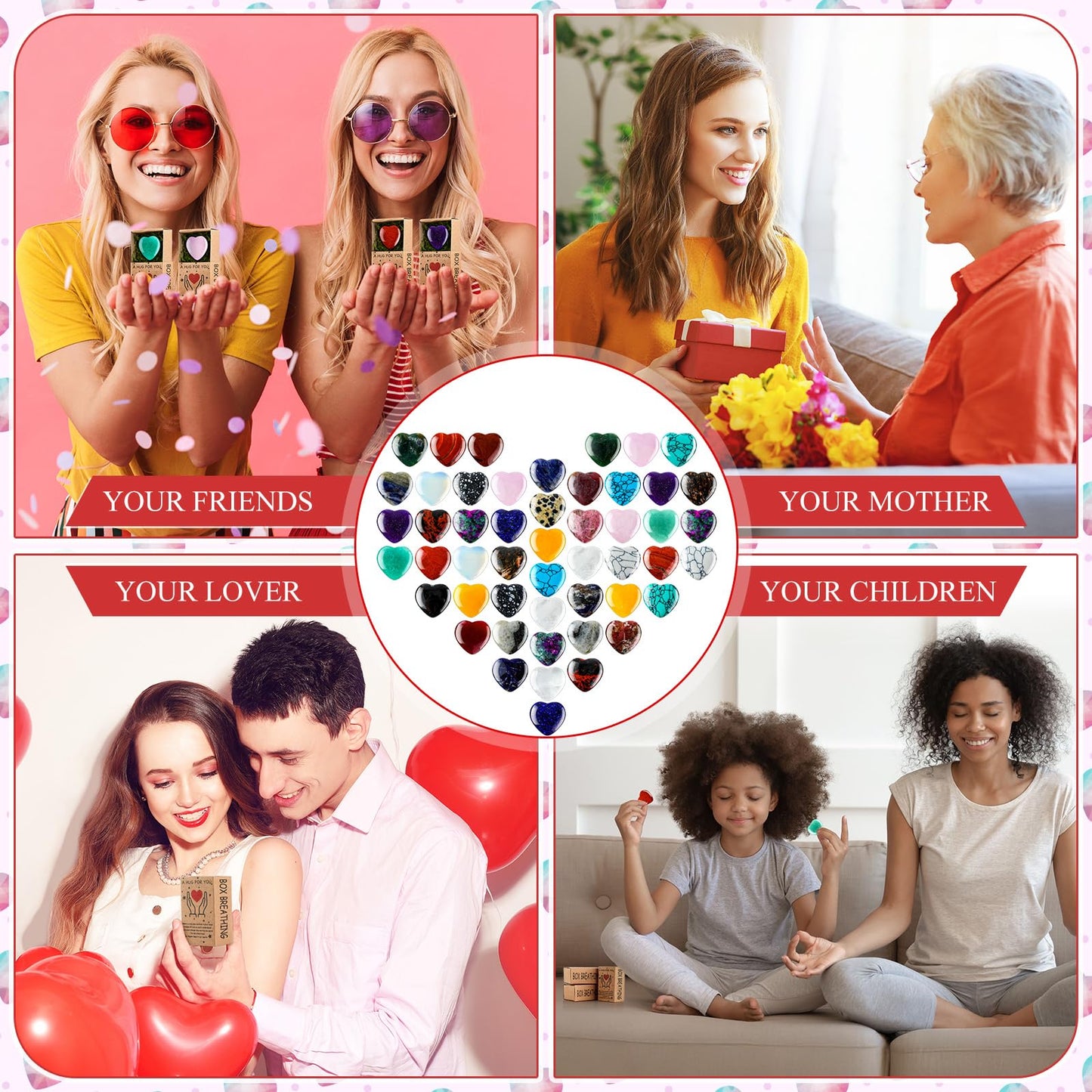 Landical 50 Sets Pocket Hug Token Gifts Bulk Little Heart Rocks Small Crystal Heart Stones Bulk with Boxes for Birthday Party Colleagues Family Celebration of Life Gifts (Classic)
