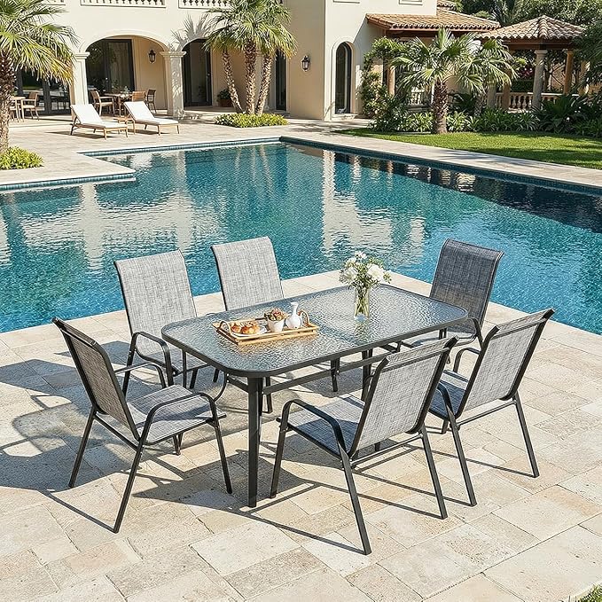 MAMIZO Patio Dining Chairs, Stackable All Weather Teslin Chair, Heavy Duty Outdoor Breathable Chairs Set, w/Armrests, Upgraded Chair FeetW/Strenthened Iron Spacers, 330 LBS (6, Grey)