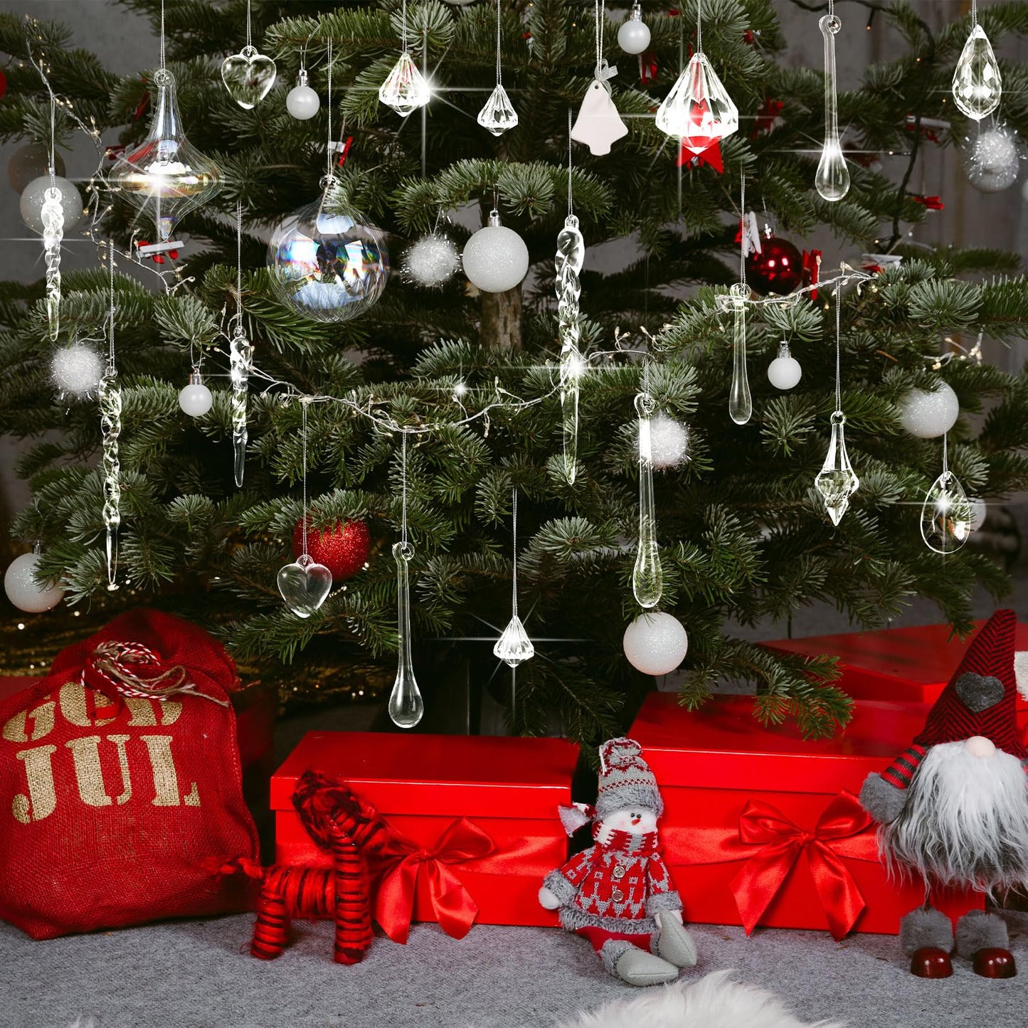 Civaner 32 Pcs Christmas Crystal Ornaments Hanging Clear Glass Plastic Hanging Decor Christmas Icicle Drop Crystal Ornaments for Xmas Tree Winter New Year Party Supplies (Holographic)