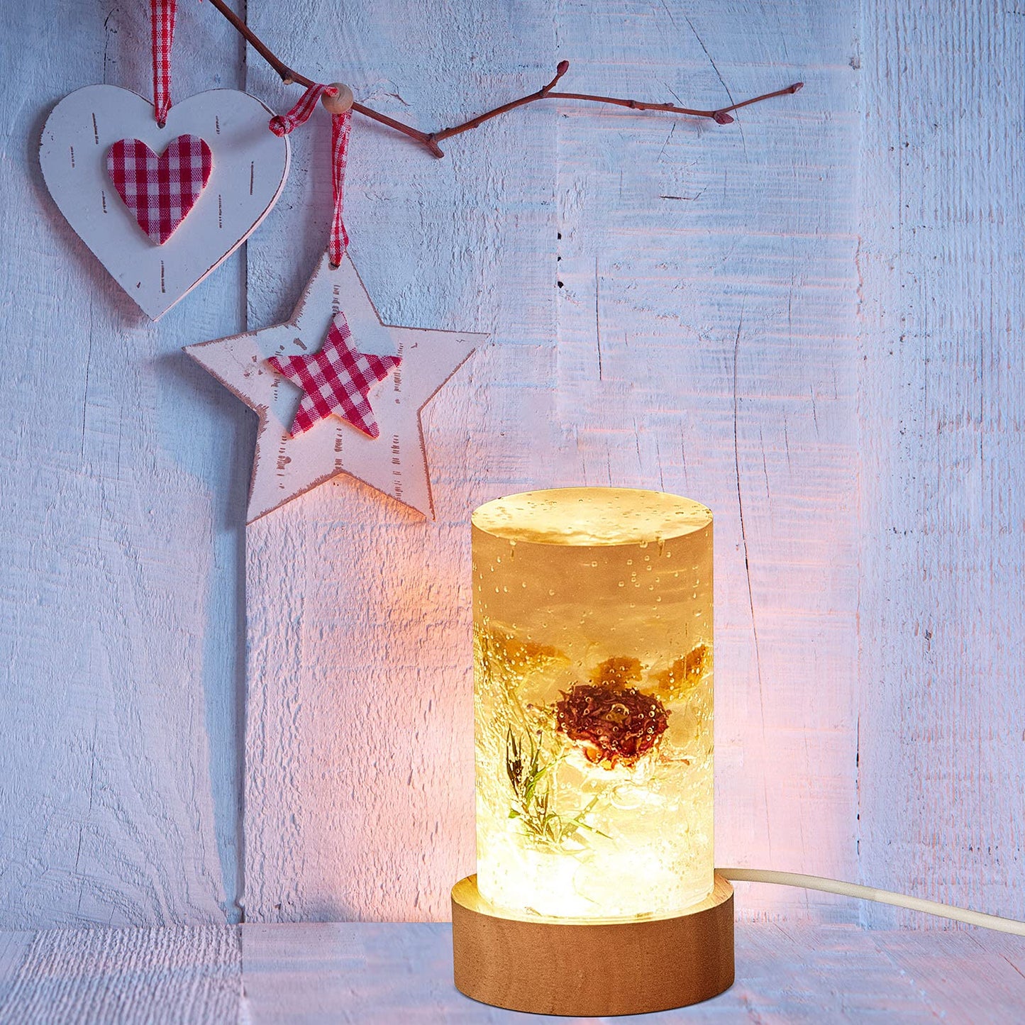 2 Pieces Cylinder Light Resin Silicone Mold Set, Include Cylinder Light Resin Mould and USB Powered Wooden Lighted Base Stand for DIY Desktop Ornaments Table Lamp Table Candle Home Decorations