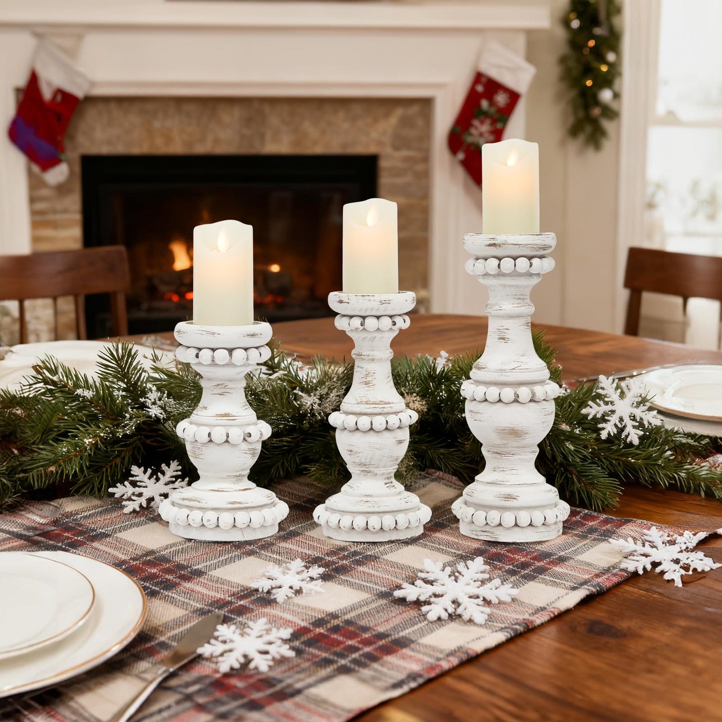 JUMBO DECOR Farmhouse Large Candle Holders for Pillar Candles, Rustic Wooden Beaded Candle Holder, Perfect for Table Centerpieces, Coffee Table or Fireplace Mantel, 3 Piece Set (White)