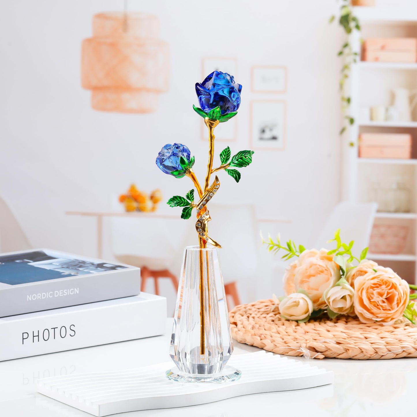 Rose Flower Crystal Figurine with Vase - Blue Bouquet Flowers Ornament Gifts for Wife Girlfriend Women - Handmade Crystal Flower Collectible Home Table Decor for Valentine Day Wedding Anniversary