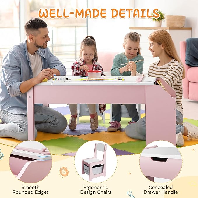 5-in-1 Kids Art Table and Chairs, Wood Toddler Table and Chair Set