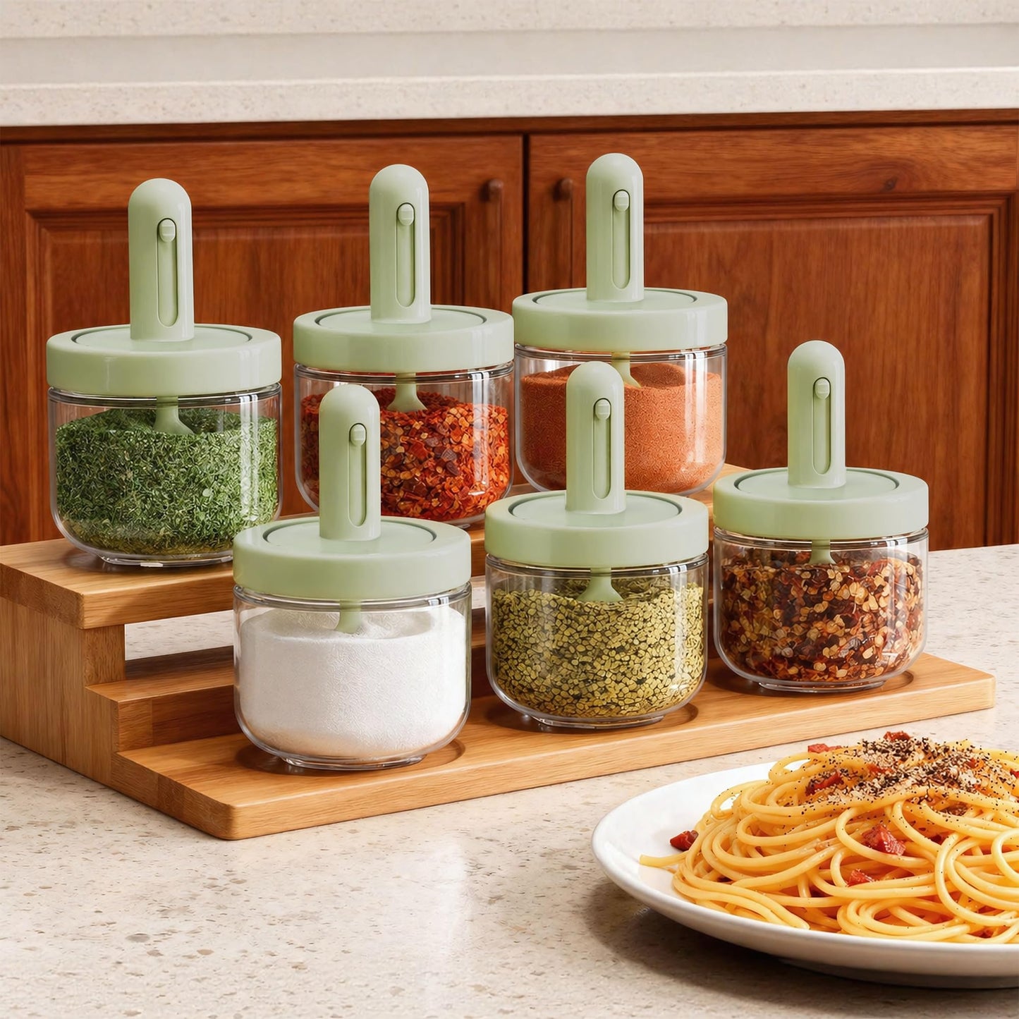 ShanSon 6-Piece Glass Spice Jars with Adjustable Spoon, 10.16oz /300ml Seasoning Containers with Airtight Lids, Moisture-Proof Condiment Pots, Spice Organizer for Kitchen Countertop & Pantry Storage