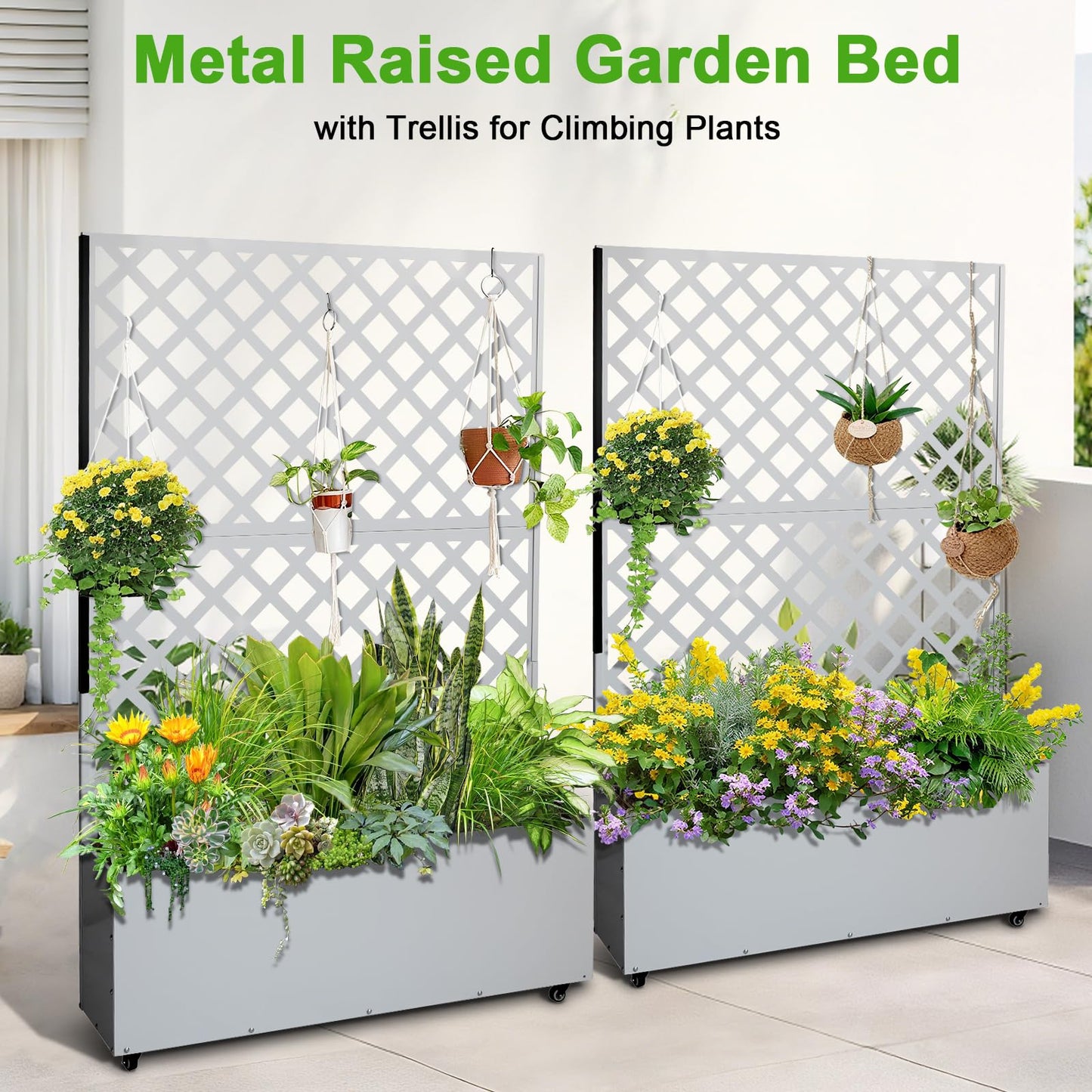 Metal Planter Box with Trellis Privacy Screen, Raised Garden Bed with Trellis & Wheels, Privacy Planters for Patio, Planter Box with Drainage Holes for Climbing Plants, Flower, 73"x 47"x 12", White