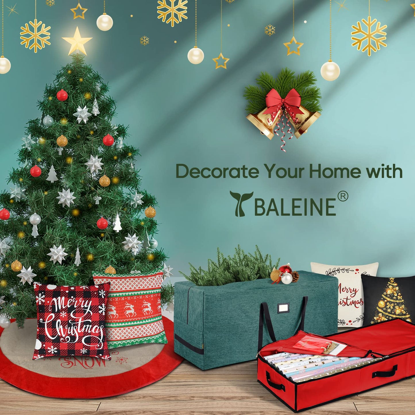 BALEINE Wrapping Paper Storage Organizer, 40" Durable 600D Oxford Fabric Gift Wrap Storage Bag with Flexible Partitions for Ribbon, Holiday Accessories (Red)