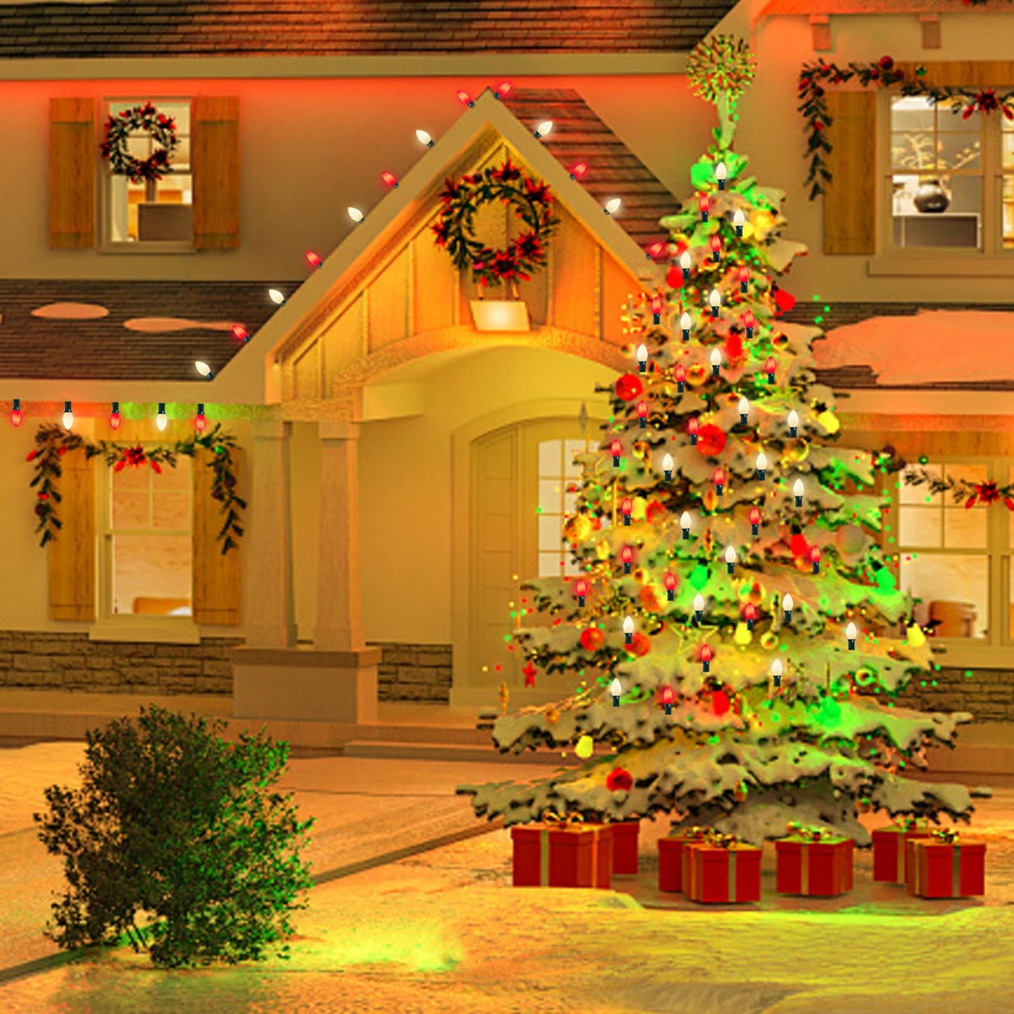 Konictom C7 LED Red and White Christmas Lights,25ft Outdoor String Lights with 27 Red White LED Bulbs(2 Spare),Connectable Outside Christmas Lights for Xmas Tree Party Roof Decoration,Green Wire