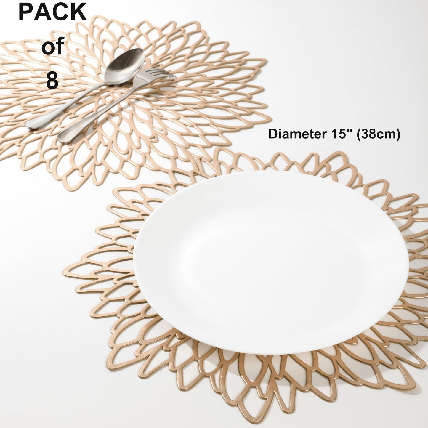 Snowkingdom Pack of 8 Gold Metallic Round Placemats Bulk Round Pressed Vinyl Leaf Dinning Kitchen Table Mats Decoration for Christmas Wedding Thanksgiving Party