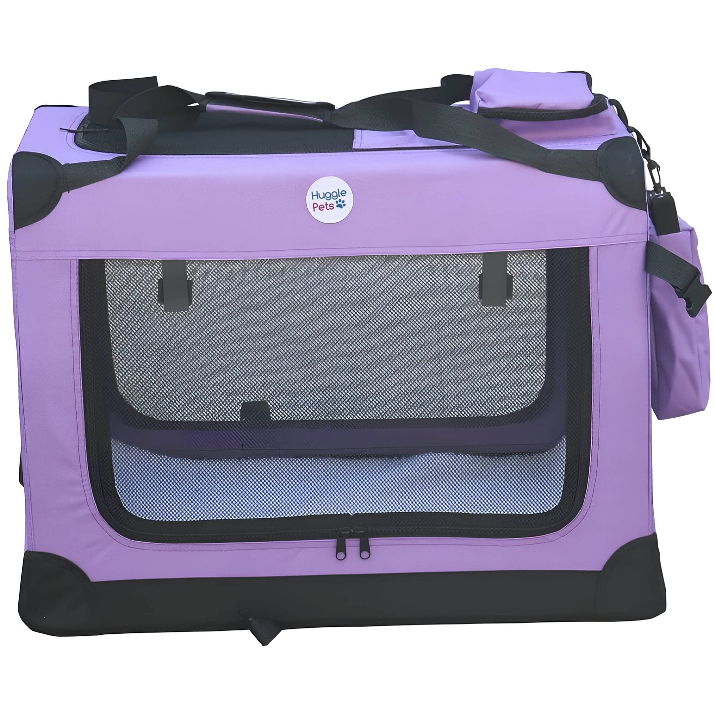 HugglePets Foldable Fabric Pet Crate Carrier - Purple (Large 70 x 52cm) Lightweight & Ventilated Double Door Carrier for Dogs & Cats with Sheepskin Mat. Ideal for Home & Travel.