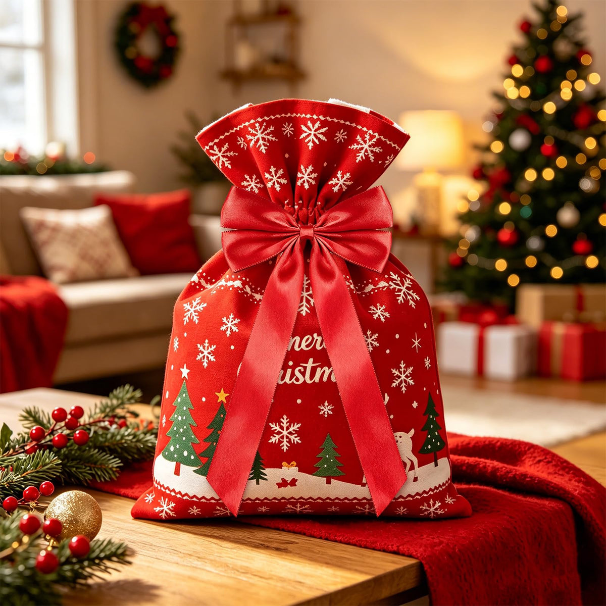 50Pcs Red Satin Bows for Christmas Tree, 4 x 8 inch Xmas Ornaments with Pre-Made Twist Ties & Self-Adhesive, for Tree Cabinet Front Door Wreath Holiday Home Decor